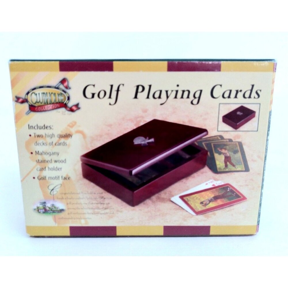 Golf Poker Playing Cards W/Wooden Box Pewter Ball & Tee 2 Sealed Decks NIB